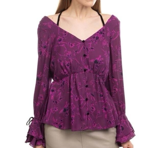 CINQ A SEPT Size Medium MABEL PURPLE FLORAL SILK BLACK VELVET RUFFLE BLOUSE TOP - Picture 3 of 16